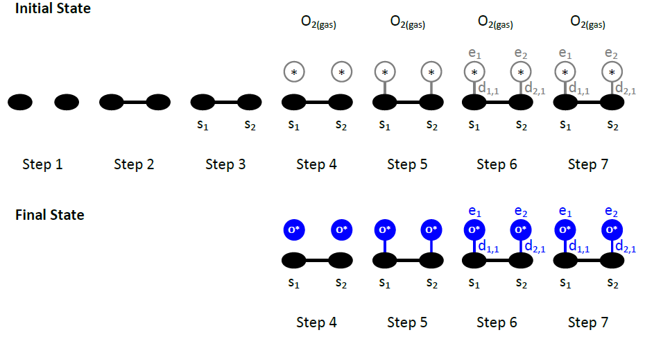 Step-by-step drawing of a two-site adsorption event
